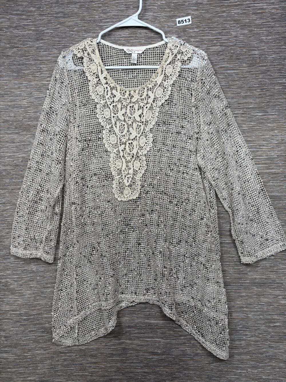 Krazy Kat Open Knit Cover-Up Tunic Dress Size XL Tan Beige Long Sleeve Lace